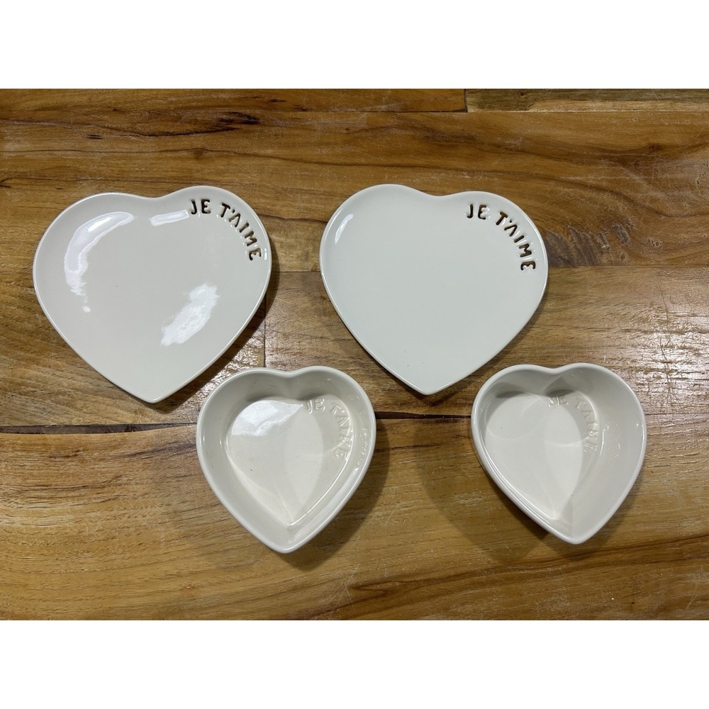 Williams Sonoma Ceramic Ivory Heart Ramekins & Dessert Plates Lot Of 4 JeTaime‎